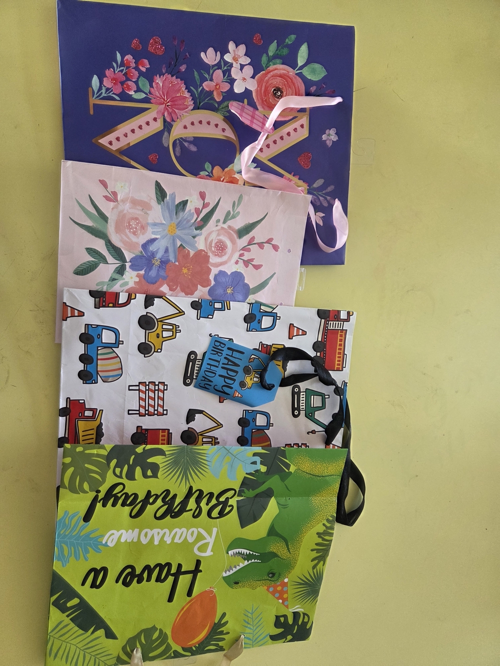 4 Gift Bags-Mom, Floral, Trucks, Dinosaur Assorted Sizes